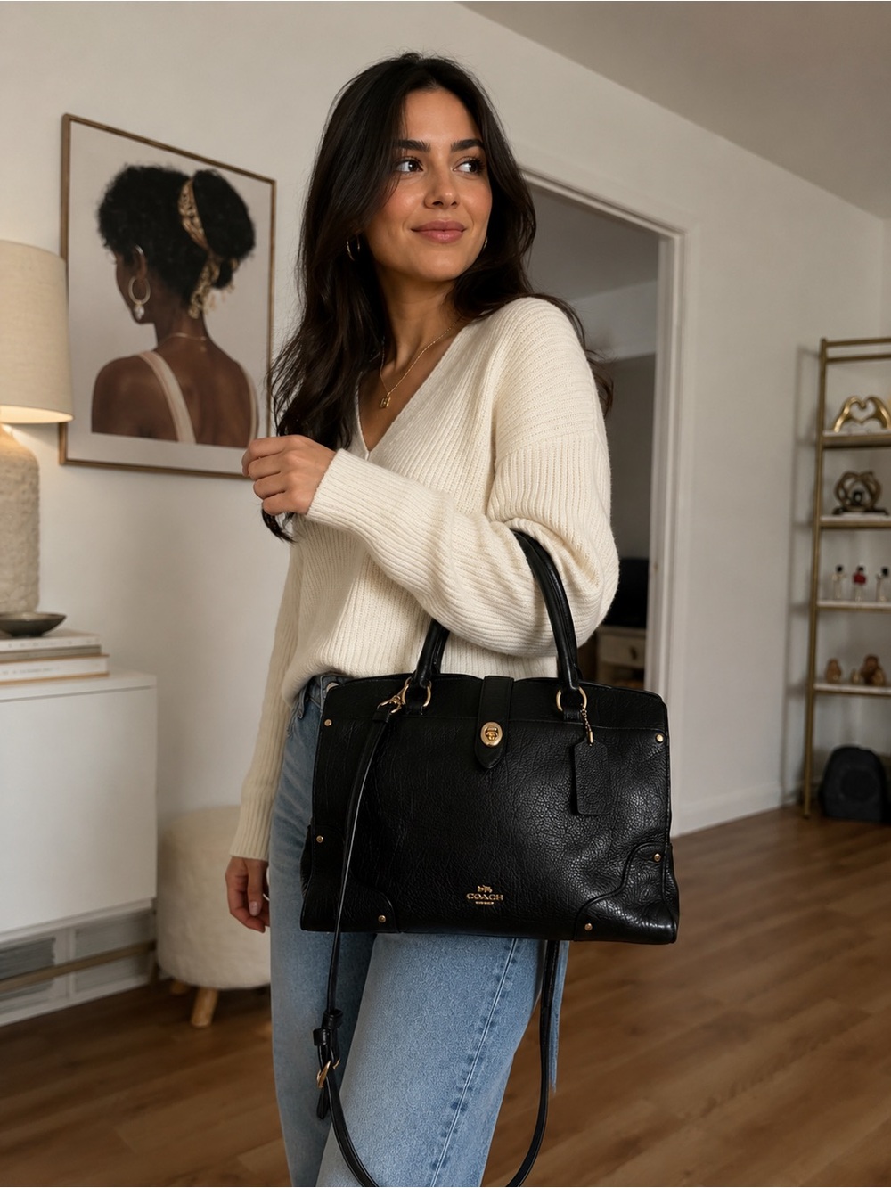 Coach Black Leather Satchel with Gold Accents